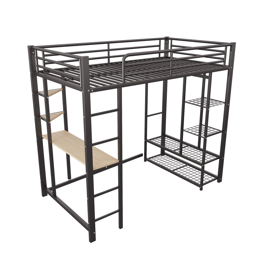 Letto a Soppalco Singolo con Scrivania; Armadio e Scaffali; 90 × 200 cm; senza Materasso; Nero