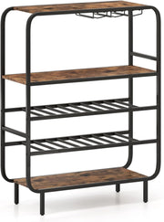 Scaffale per bottiglie a 5 ripiani, autoportante per 16 bottiglie, portabottiglie con supporto in vetro, 3 ripiani in legno e telaio in metallo, portabottiglie per vino, cucina, bar, soggiorno