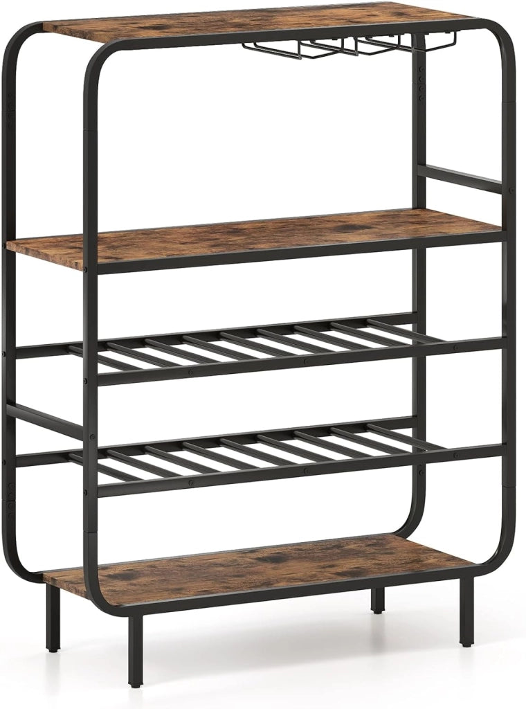 Scaffale per bottiglie a 5 ripiani, autoportante per 16 bottiglie, portabottiglie con supporto in vetro, 3 ripiani in legno e telaio in metallo, portabottiglie per vino, cucina, bar, soggiorno