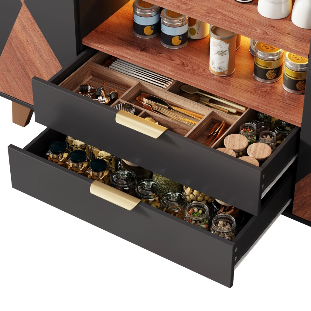 Credenza multifunzione con LED RGB, 2 cassetti, ripiani regolabili e vani aperti, 150 × 40 × 90 cm