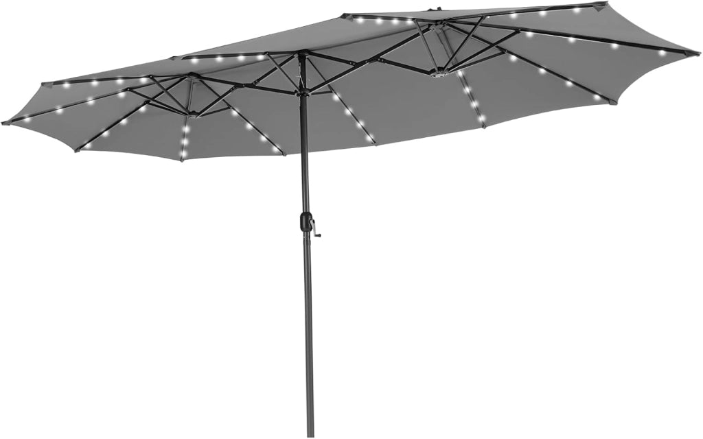 Ombrellone Doppio da Giardino 450 x 260 cm, con 48 Luci LED e 12 Stecche, Ombrellone Rettangolare con Manovella, per Giardino Piscina Cortile (Beige)