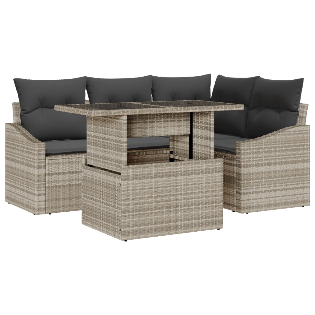 Set Divano da Giardino 5 Pezzi con Cuscini Grigio Chiaro in Polirattan