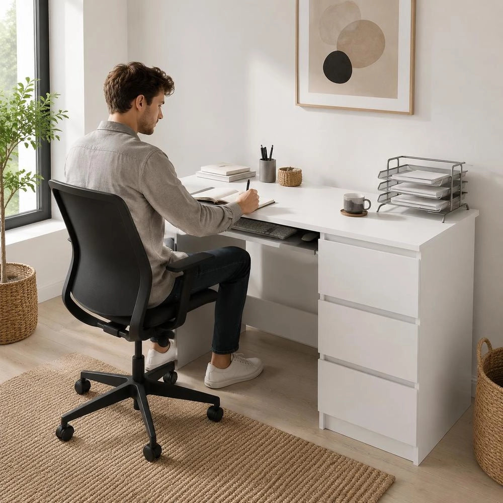 White Engineered Wood Desk With Drawer, 90x45x76 Cm Computer Table, Sturdy Minimalist Design, Space Saving Workstation For Home Office Study Room