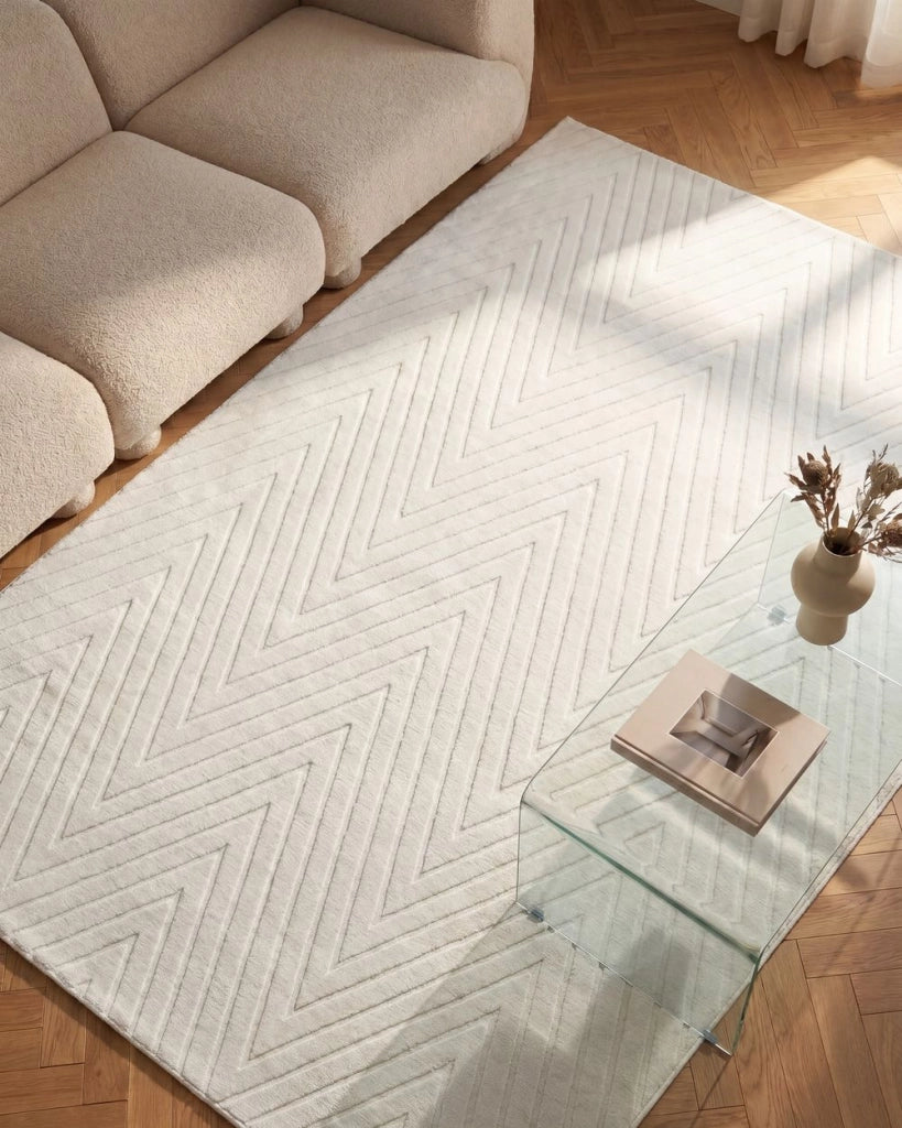 Tappeto da corridoio bianco sporco in jacquard, 160 x 230 cm, a pelo corto, forma rettangolare, per corridoio, con retro in poliestere, moderno