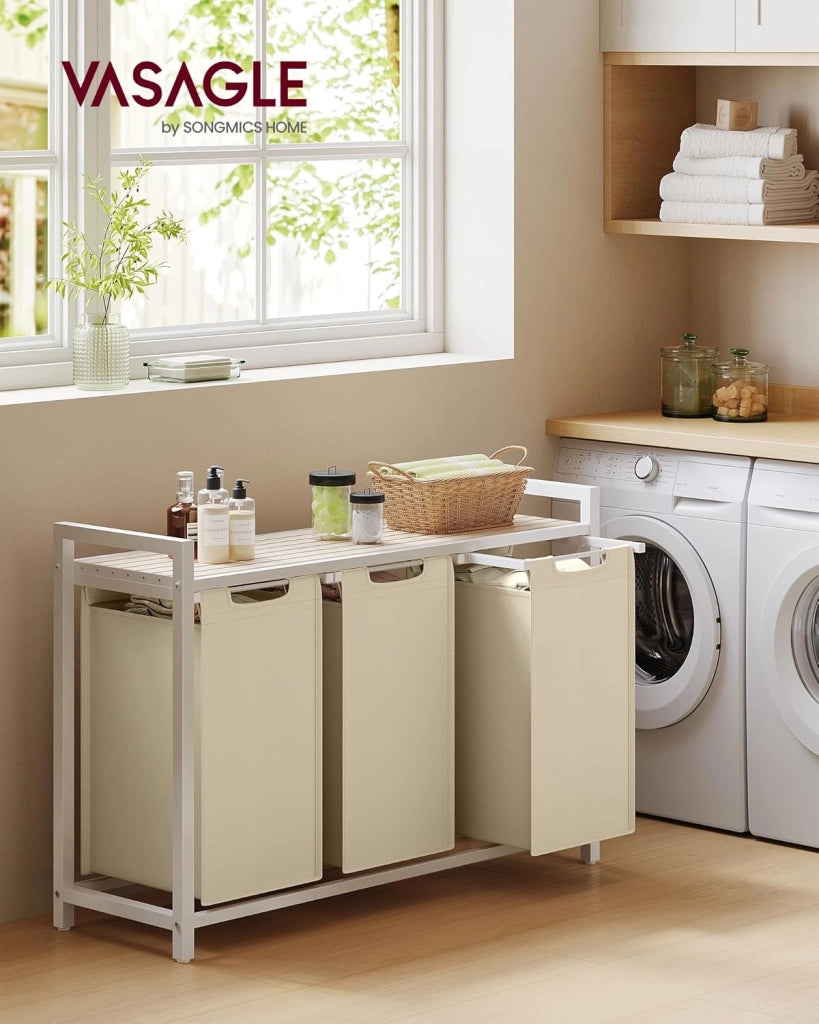 VASAGLE Cesto Portabiancheria, Porta Biancheria, 3 Sacchi in Tessuto Rimovibili, Piano d’Appoggio, Metallo, 3 x 40 L, 92,5 x 33 x 72 cm, Beige Cappuccino e Beige Naturale BLH301LH01