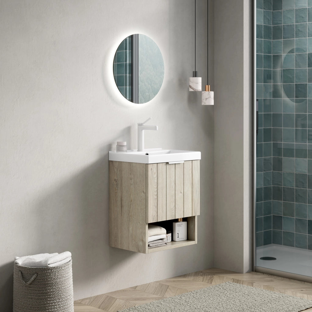 Mobile bagno sospeso con 2 ante e ripiano aperto; lavabo in ceramica bianca; per bagno; 49×39×61 cm; bianco