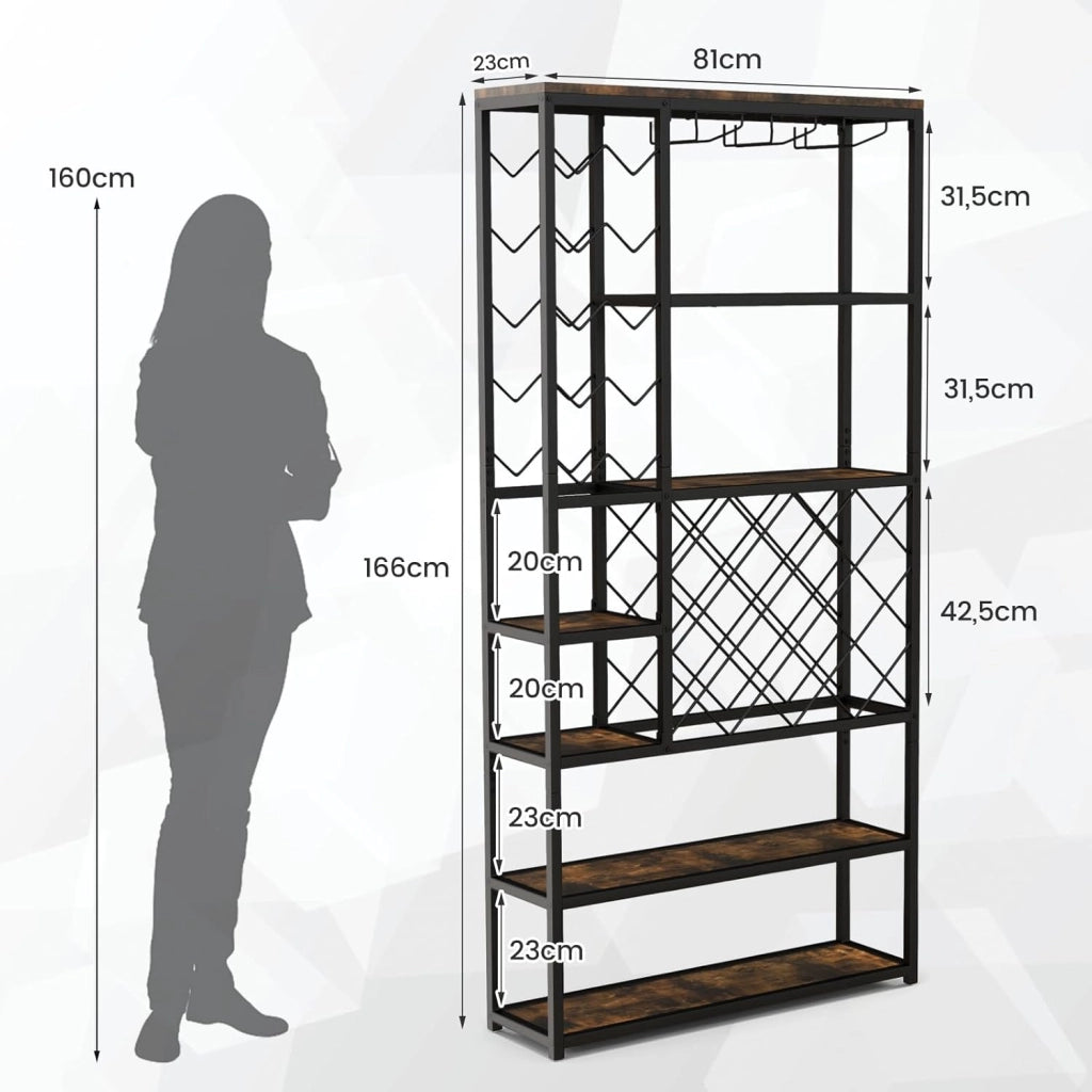 Portabottiglie da Terra, Cantinetta Portabottiglie Vino con Telaio in Metallo e 6 Ripiani, per 27 Bottiglie di Vino e 12 Bicchieri, per Cucina, Sala da Pranzo, 81 x 23 x 166 cm