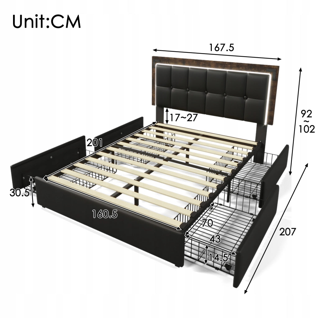 Letto imbottito con LED e armadio - Xylo - 160x200 - Nero (con materasso)
