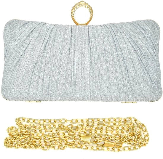 Clutch per donna, Cerimoniale con Catena in Argento, Chiusura Metallica e Catena Rimovibile per Borsa a Spalla, Borse a Spalla per Prom, Festa, Argento