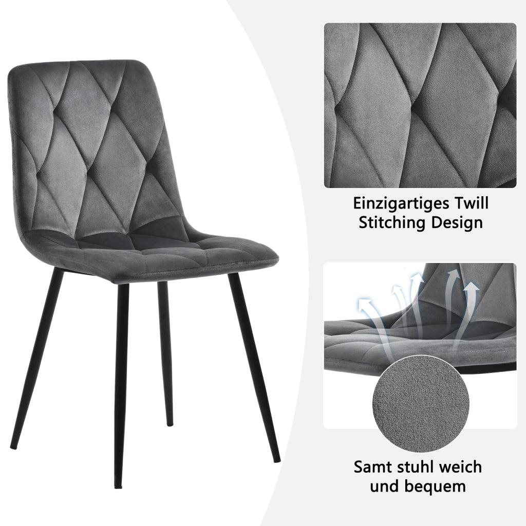 Tavolo da pranzo per 4 persone con piano rotondo effetto marmo, gambe in metallo nero e 4 sedie ergonomiche