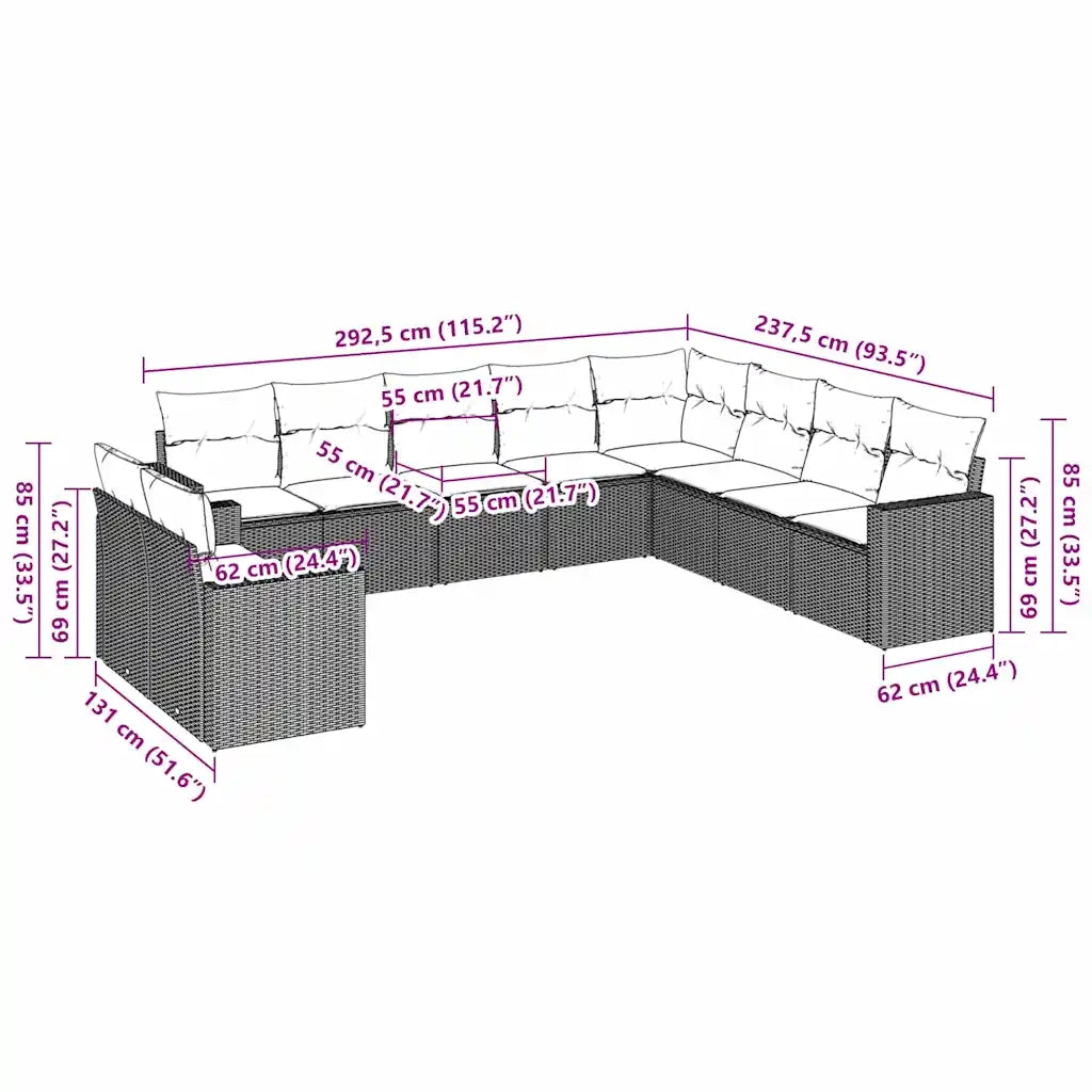 Set Divani da Giardino 10pz con Cuscini in Polyrattan Marrone 3219163
