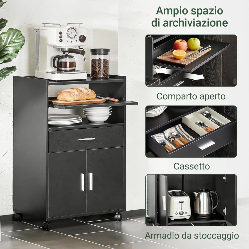 Mobiletto Cucina con Ruote e Piano Estraibile – Mobile Cucina Salvaspazio con Cassetto e Ante, Credenza Cucina, Carrello Cucina per Microonde, Ufficio o Sala da Pranzo Nero 59×40×92 cm FSB09-SCH