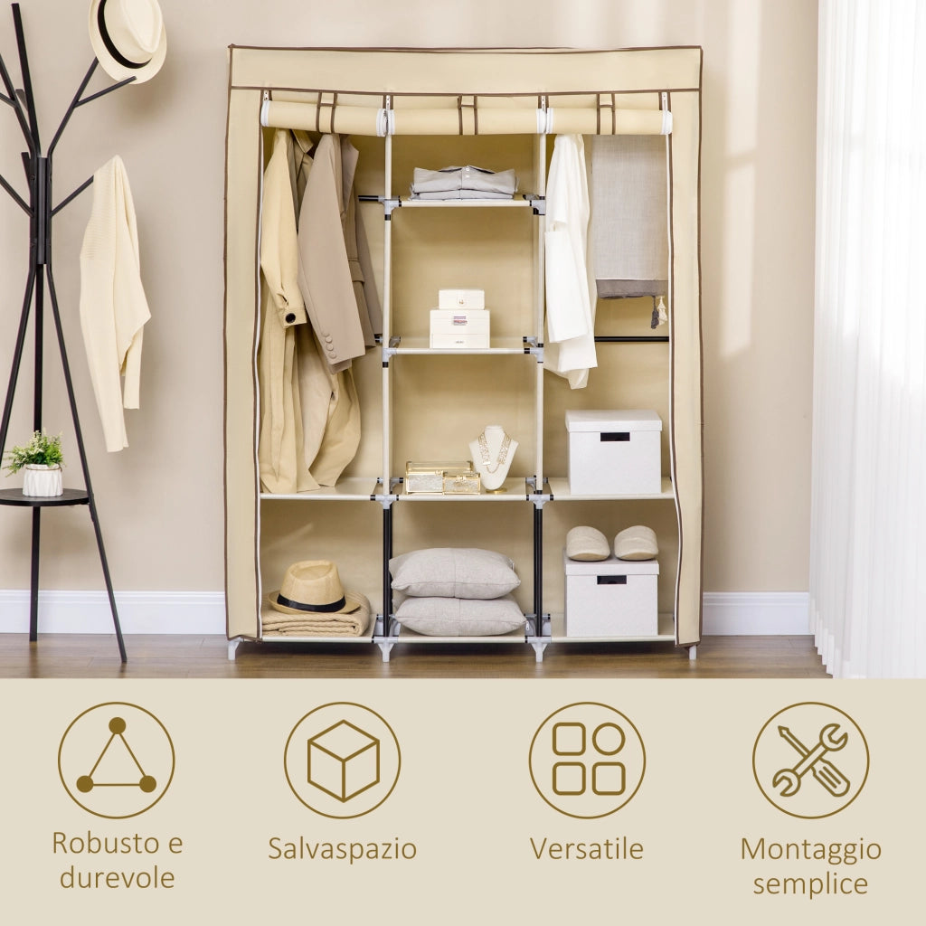 Armadio in Tessuto con 8 Ripiani e 2 Barre con Porta Avvolgibile, 125x46x162.5cm, Beige