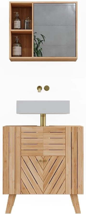 Set di mobili da bagno Lucie, Bambù, 60 cm, composto da specchio da bagno e mobile sottolavabo