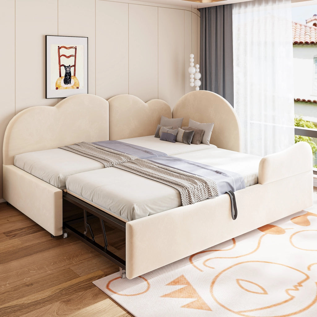 Letto imbottito a scomparsa a L con testiera a forma di nuvola in velluto beige per camera da letto e ospiti