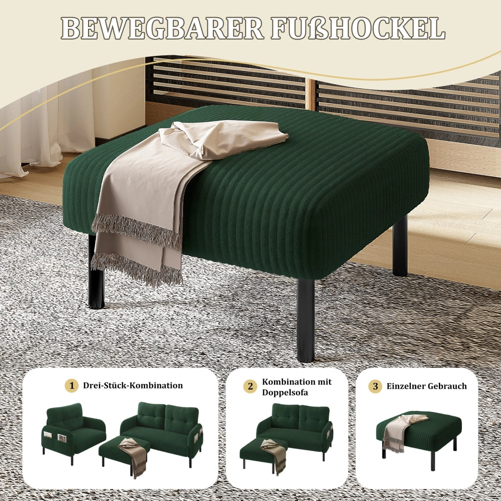 Pouf in velluto a coste verde smeraldo con struttura in metallo