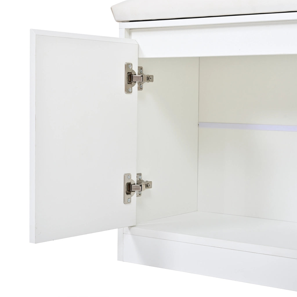 Garderoba da ingresso multifunzionale 120x30x200 cm in MDF bianco con panca imbottita, 2 vani portascarpe, cassetto e 10 ganci