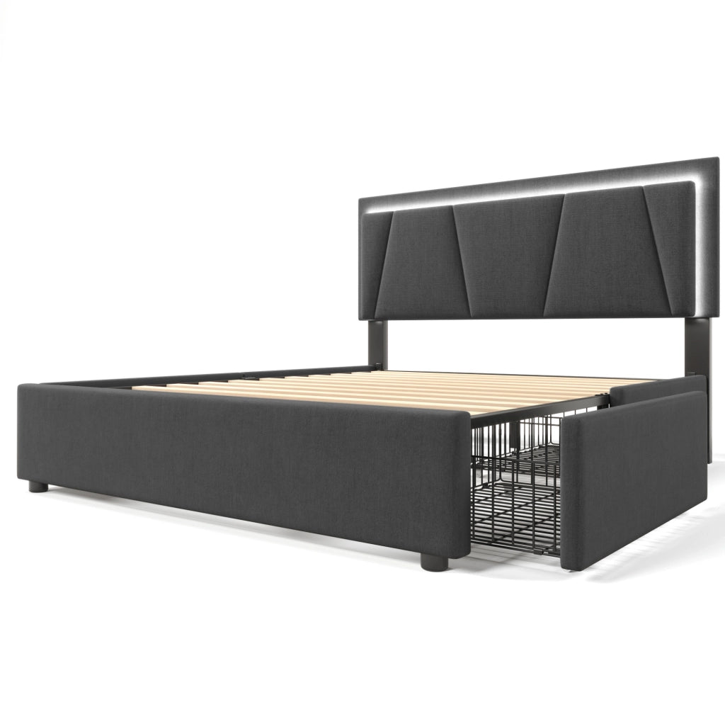 Letto contenitore 140x200 cm con LED; testiera regolabile e 4 cassetti; grigio