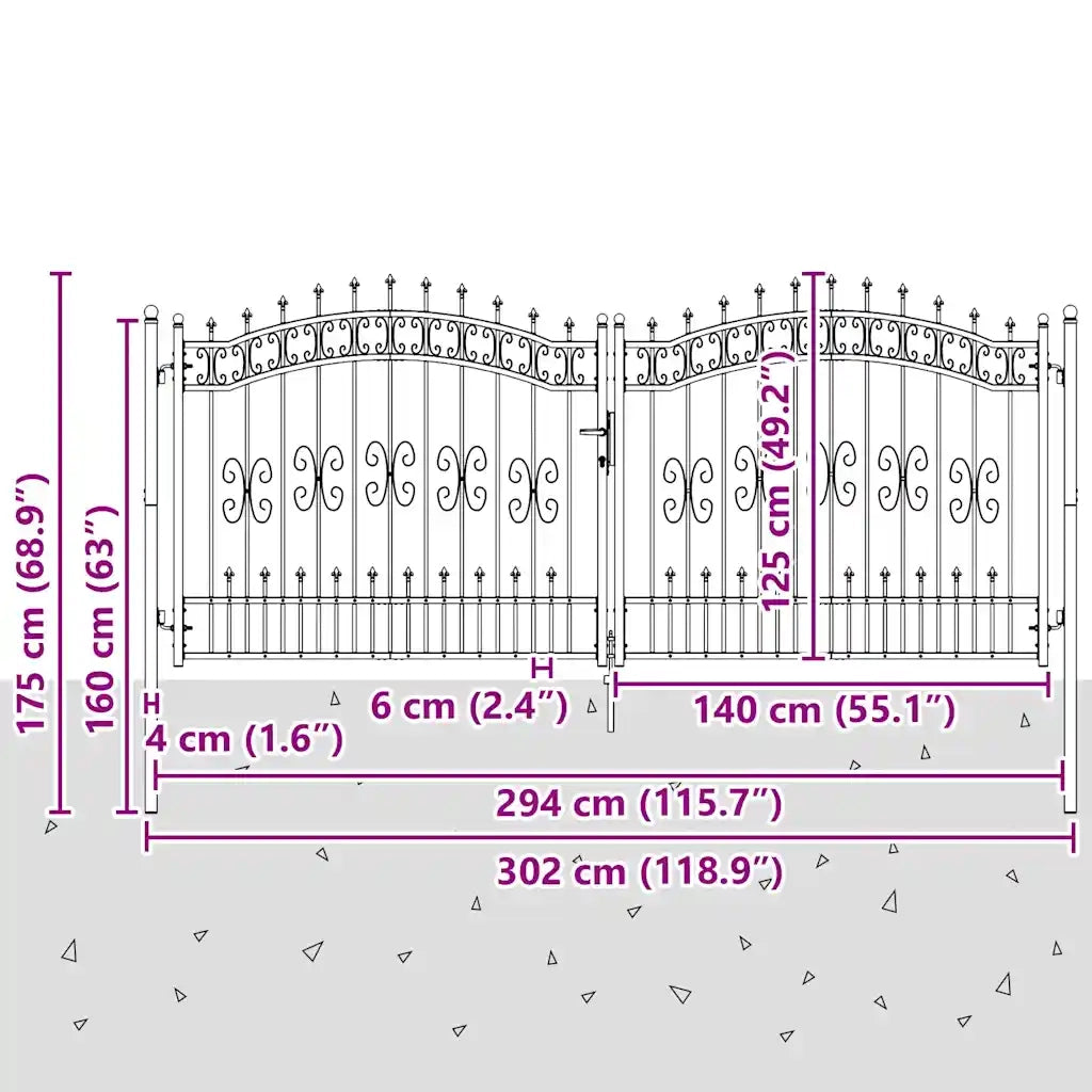 Cancello per recinzione Kampen con punta a lancia Nero 302x125 cm in acciaio 151096