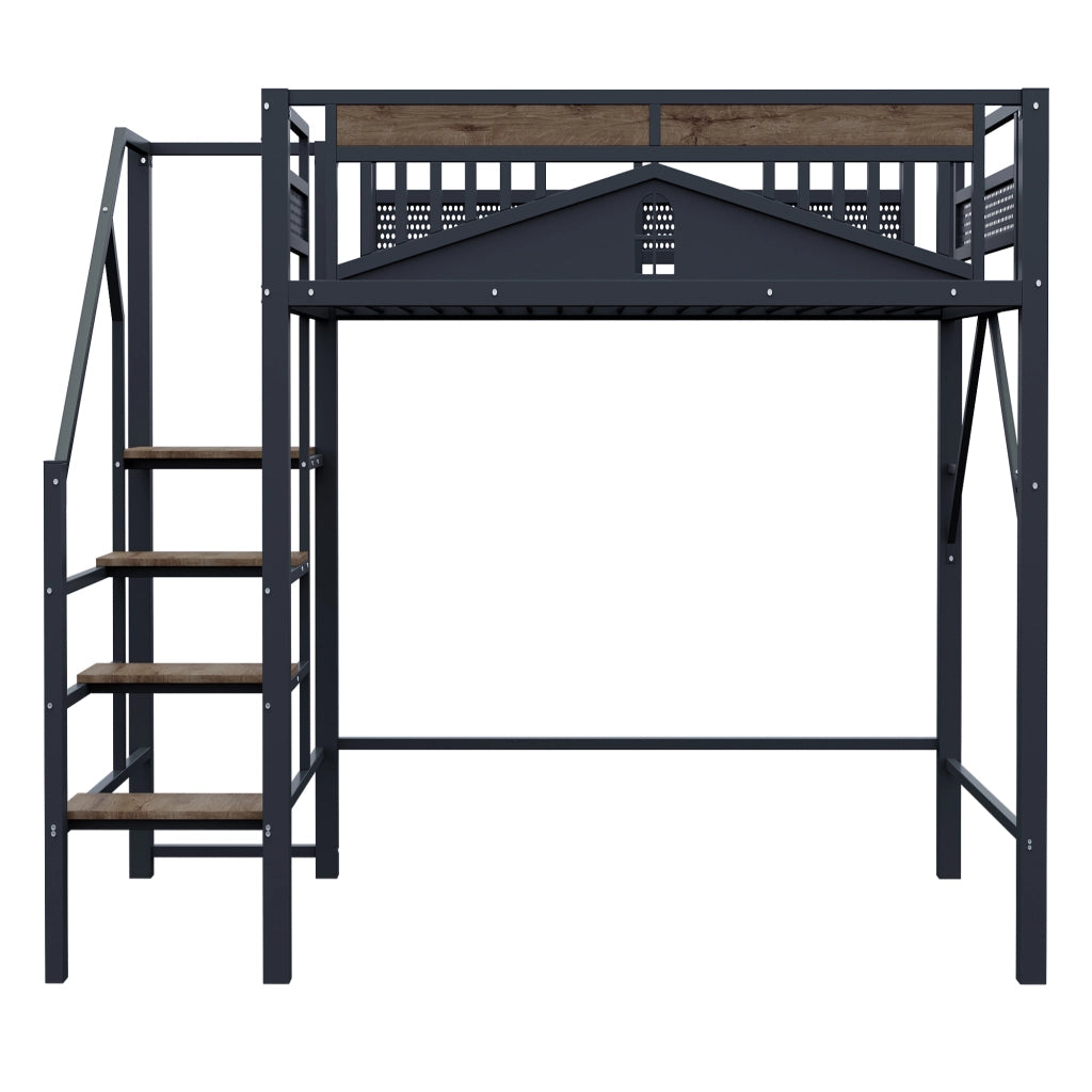 Letto a soppalco in metallo 140 x 200 cm con scala laterale, design finestra, nero