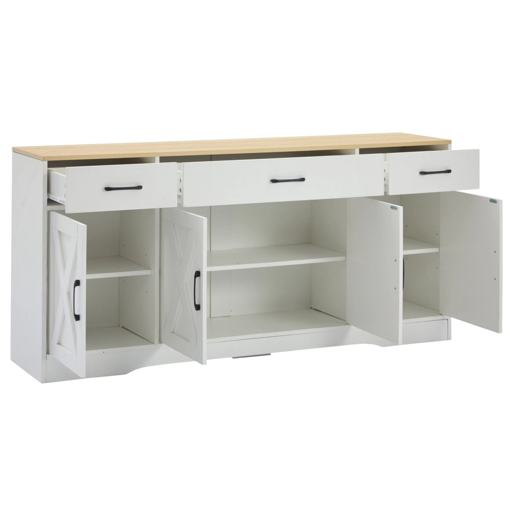 Credenza 160x37x75 cm bianca in MDF, 3 cassetti e 4 ante