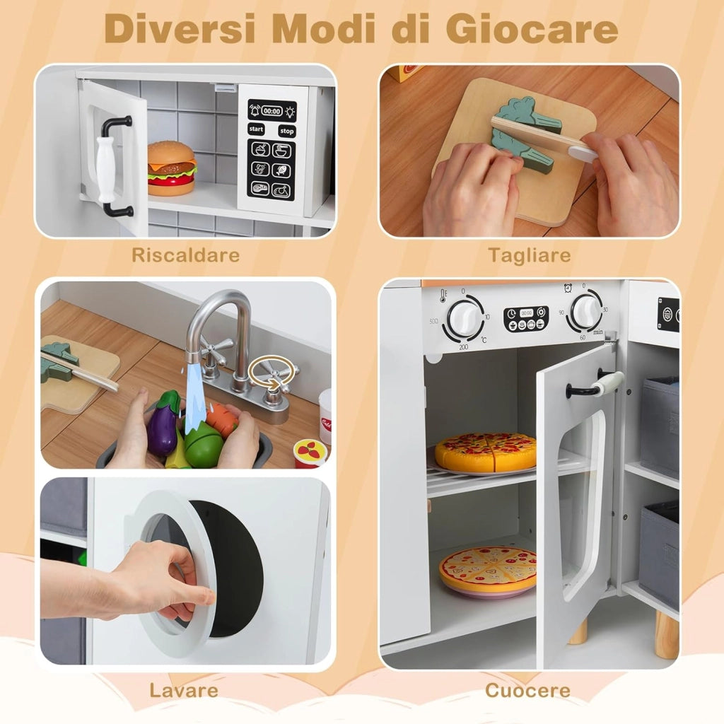 Cucina Giocattolo per Bambini, Cucina da Gioco ad Angolo con Fornelli, Frigorifero, Macchina da Caffè, Microonde, Lavatrice e Accessori, con Suoni e Luci per Bambini 3+ Anni (Bianco)