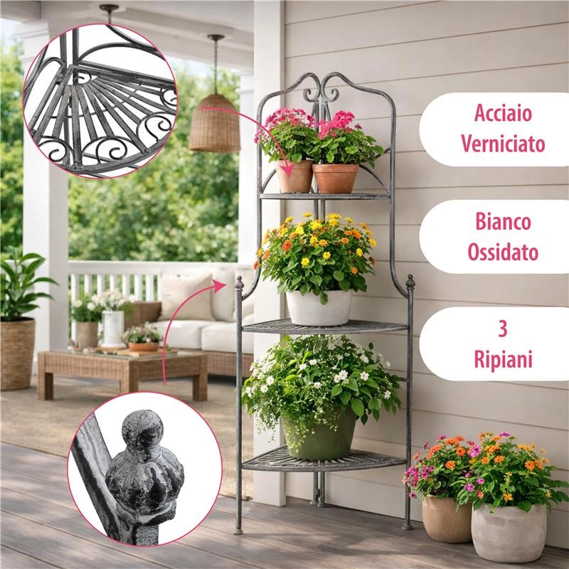 SCAFFALE PORTAVASI ROSALIE CON 3 PIANI IN COLORE BIANCO OSSIDATO
