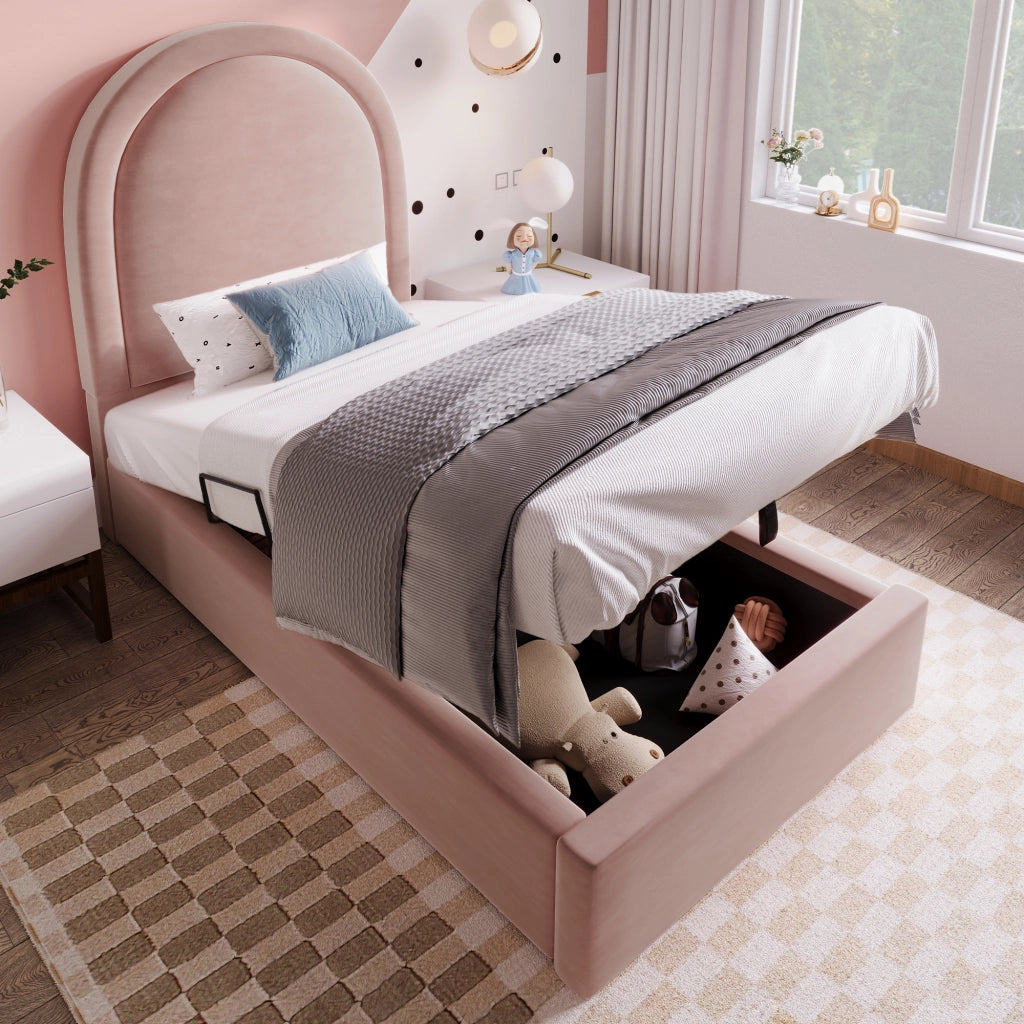 Letto Contenitore 90×200 cm; Letto Singolo con Testiera Semicircolare; senza Materasso; Velluto Rosa