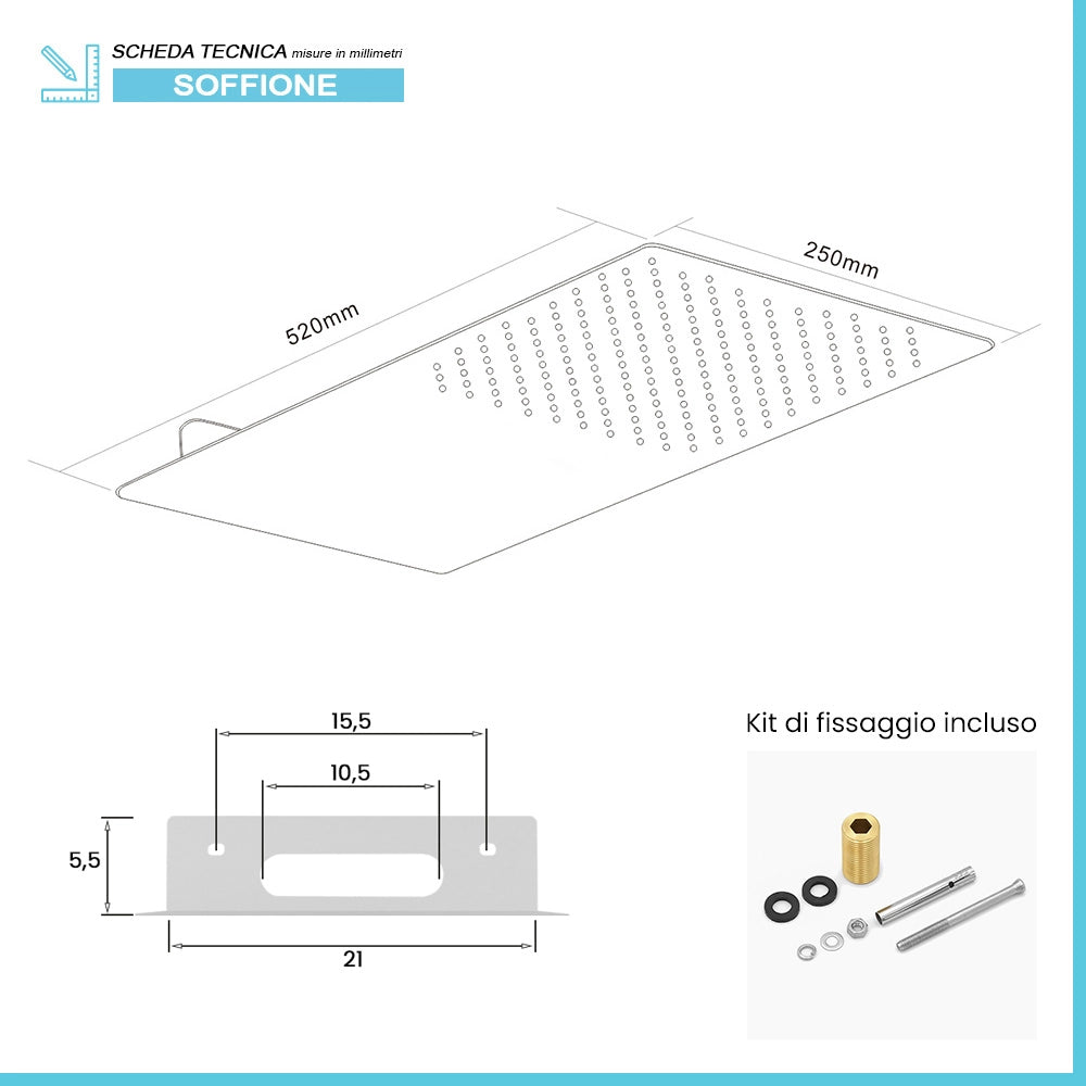 Soffione doccia a sbalzo slim 25x52 cm cromato in acciaio inox con cascata