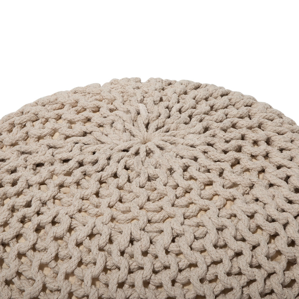 Pouf ottomana beige in cotone lavorato a maglia perline EPS riempimento rotondo piccolo poggiapiedi 40 x 25 cm