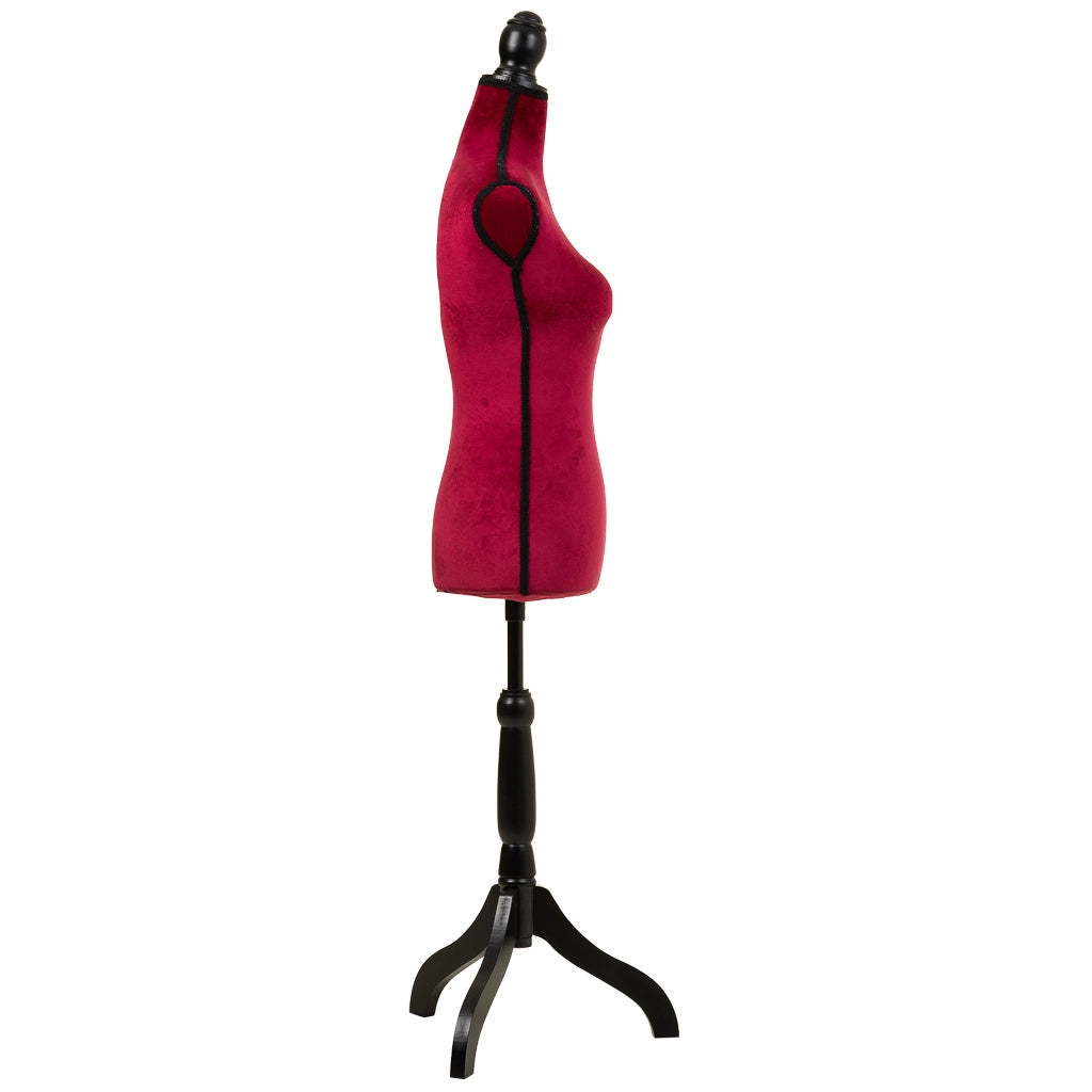 Manichino legno e gommapiuma, tessuto rosso, 24x37,5x168h cm