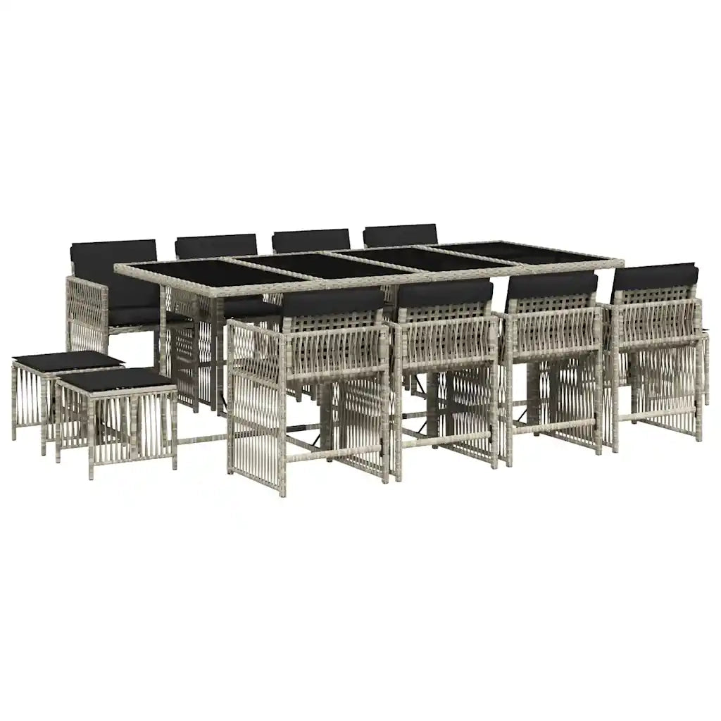 Set da Pranzo da Giardino 13pz con Cuscini Grigio in Polyrattan