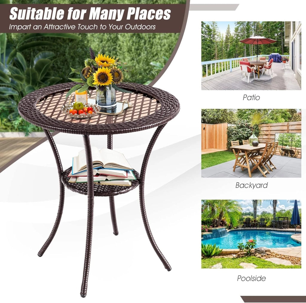 Tavolo Appoggio da Giardino, a 2 Ripiani, Rotondo, Tavolino Esterno in Rattan e Vetro, Resistente all'Intemperie, Portata di 35 kg, per Piscina/Patio/Balcone, 64 x 71,5 cm