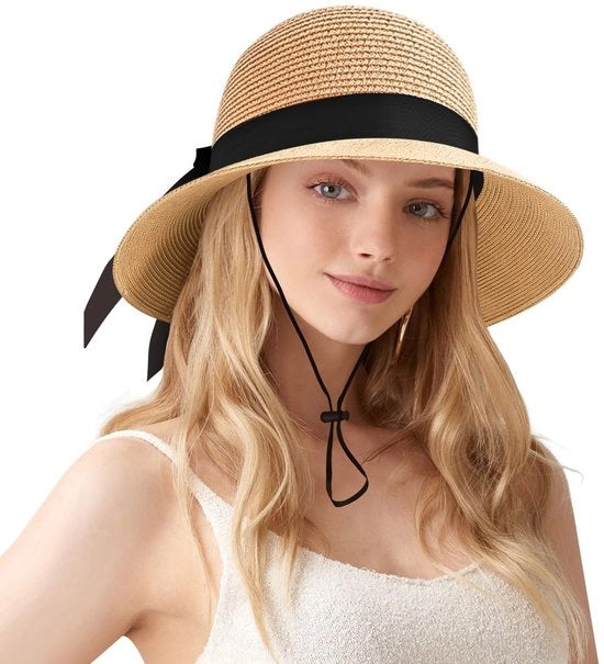 Cappello da sole con bordo ampio - Protezione UV - Cappello da sole pieghevole - Corda regolabile - Panno di paglia intrecciato - Misura 56-58 cm - Cappello da sole di paglia