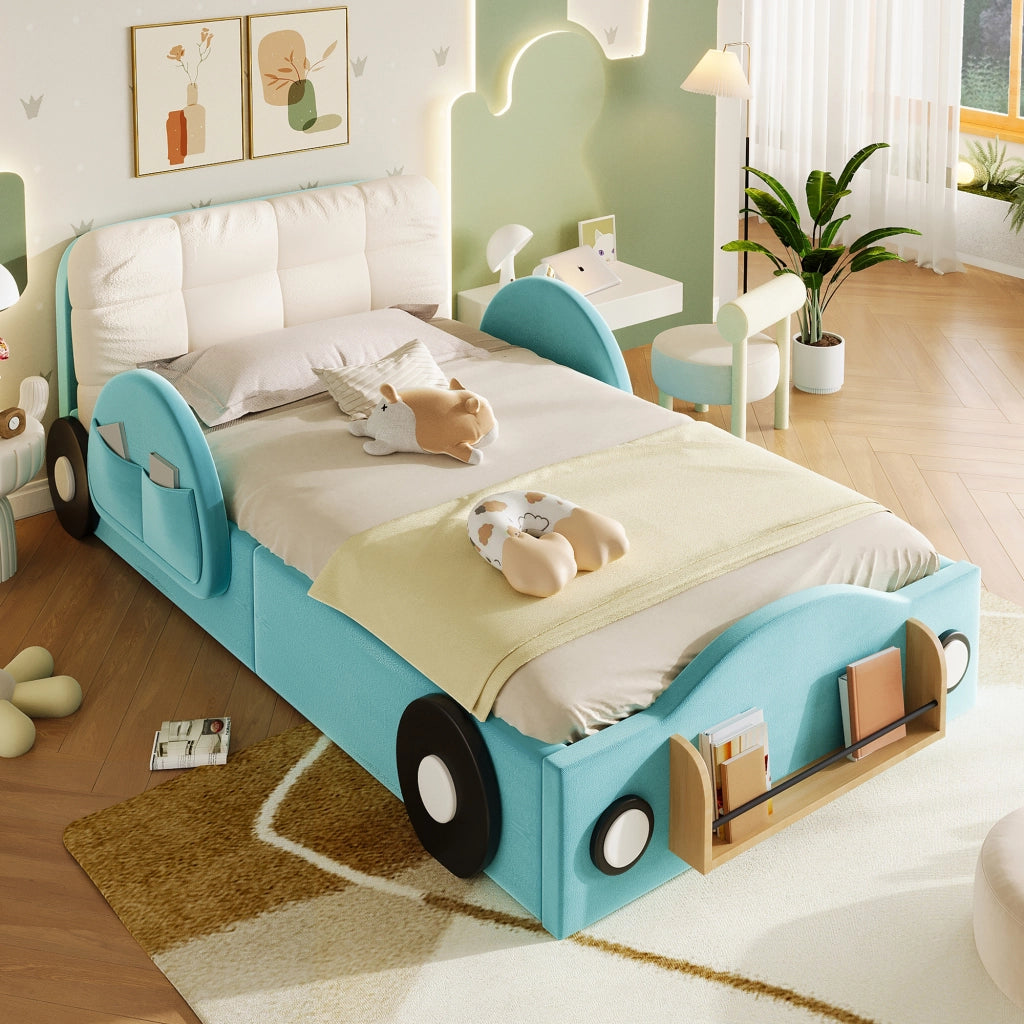 Letto Contenitore 90x200 cm con sollevamento idraulico; tasche laterali e ripiano in Flanella Blu