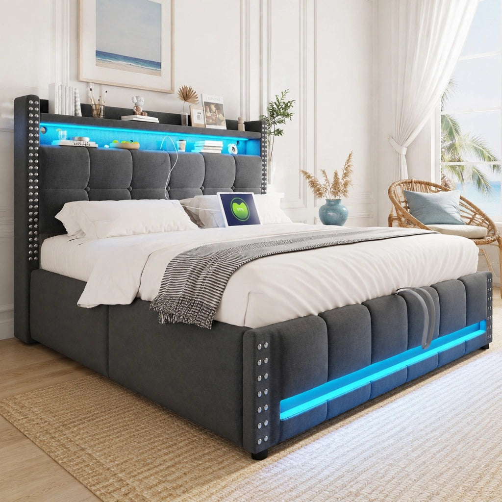 Letto matrimoniale imbottito 140x200 cm in tessuto grigio con LED; USB e contenitore