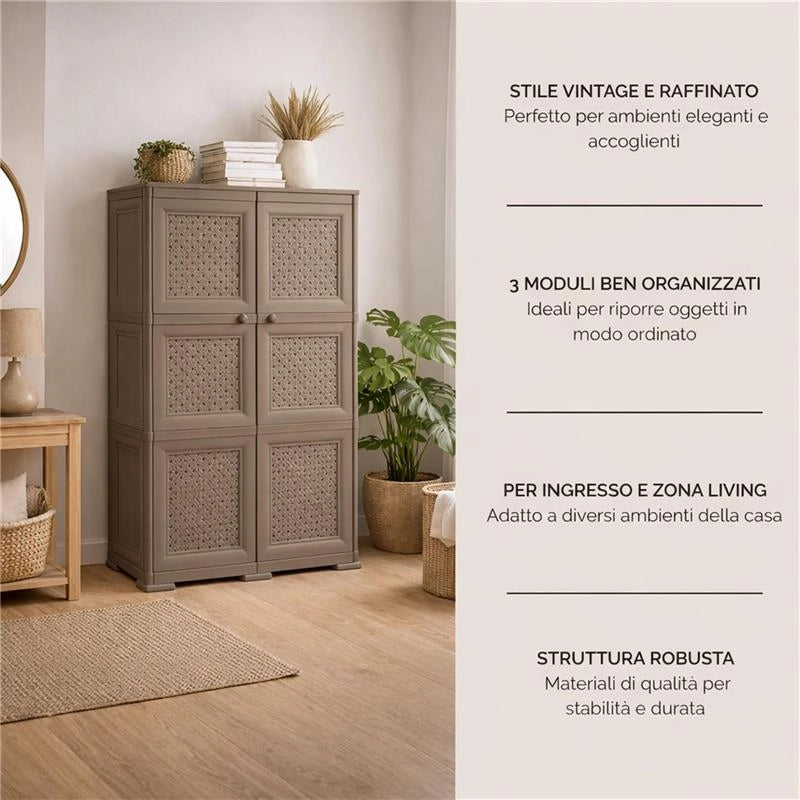 ARMADIO 3 MODULI WENGÉ 79X43X125 CM CON ANTA TRAFORATA – MOBILE ALTO SALVASPAZIO PER ZONA GIORNO E BALCONE