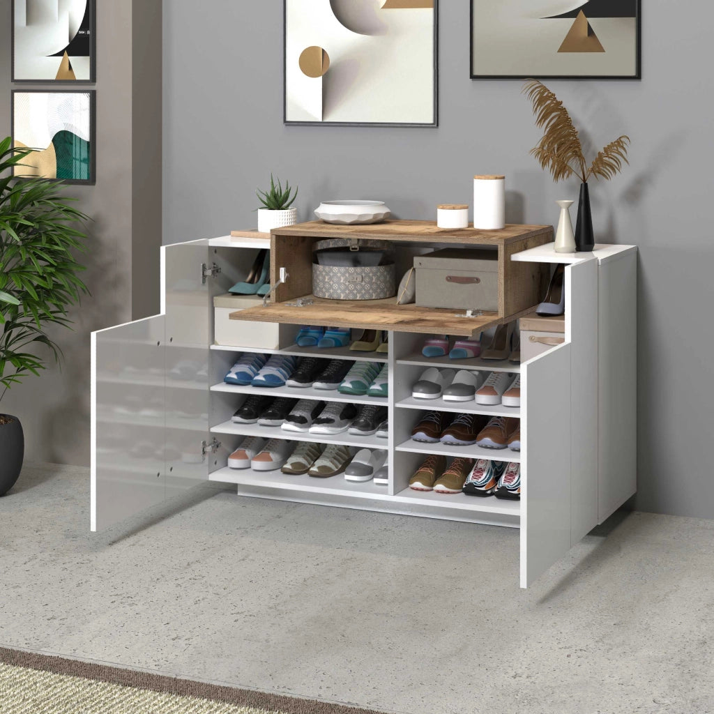 WHOUS Scarpiera ingresso Corona con 2 ante e 1 ribata bianca e acero pereira 120x45x85 cm