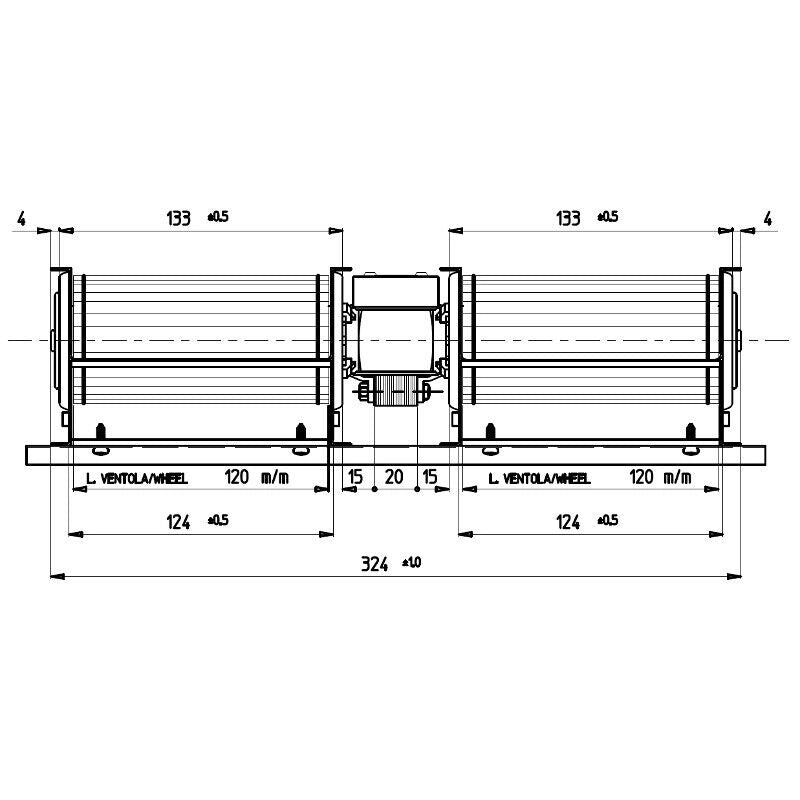 Ricambistufeapellet Ventola tangenziale Doppio EMMEVI FERGAS TGD 60/1 FERG 119308 per Stufa a Pellet. Lungo 324mm Ventola 60mm 2 x 124x40mm