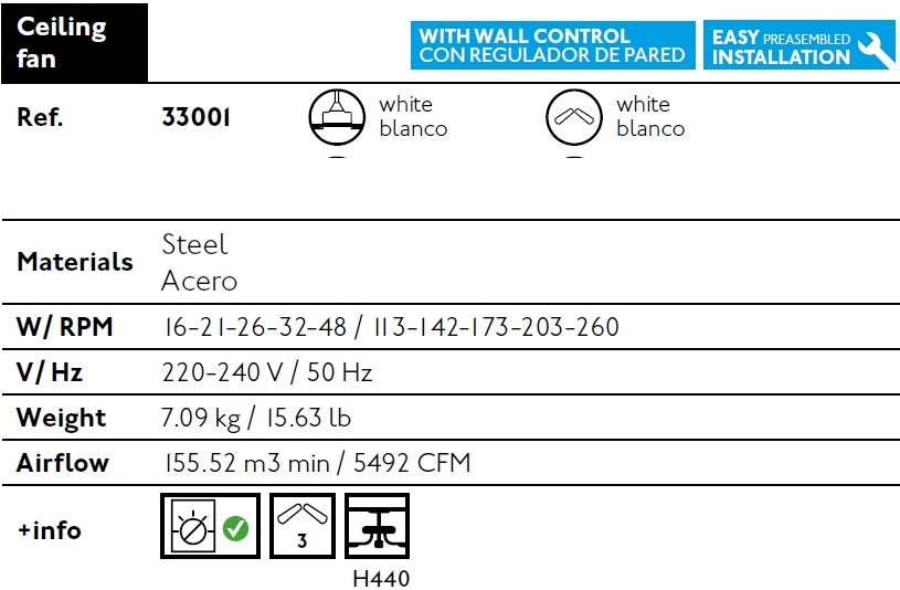 FARO Ventilatore Da Soffitto In Metallo Bianco 3 Pale In Acciaio 140 cm 44 cm dal Soffitto Interruttore a Parete 6 Velocita AC 16-48W Senza Luce Modello Indus FARO-33001