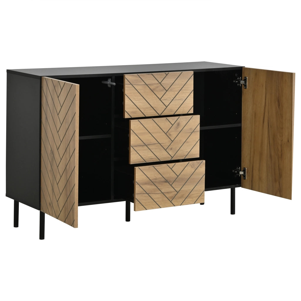Credenza con 3 cassetti e 2 ante, in truciolato, effetto legno e telaio nero, per soggiorno, 120 × 40 × 76 cm