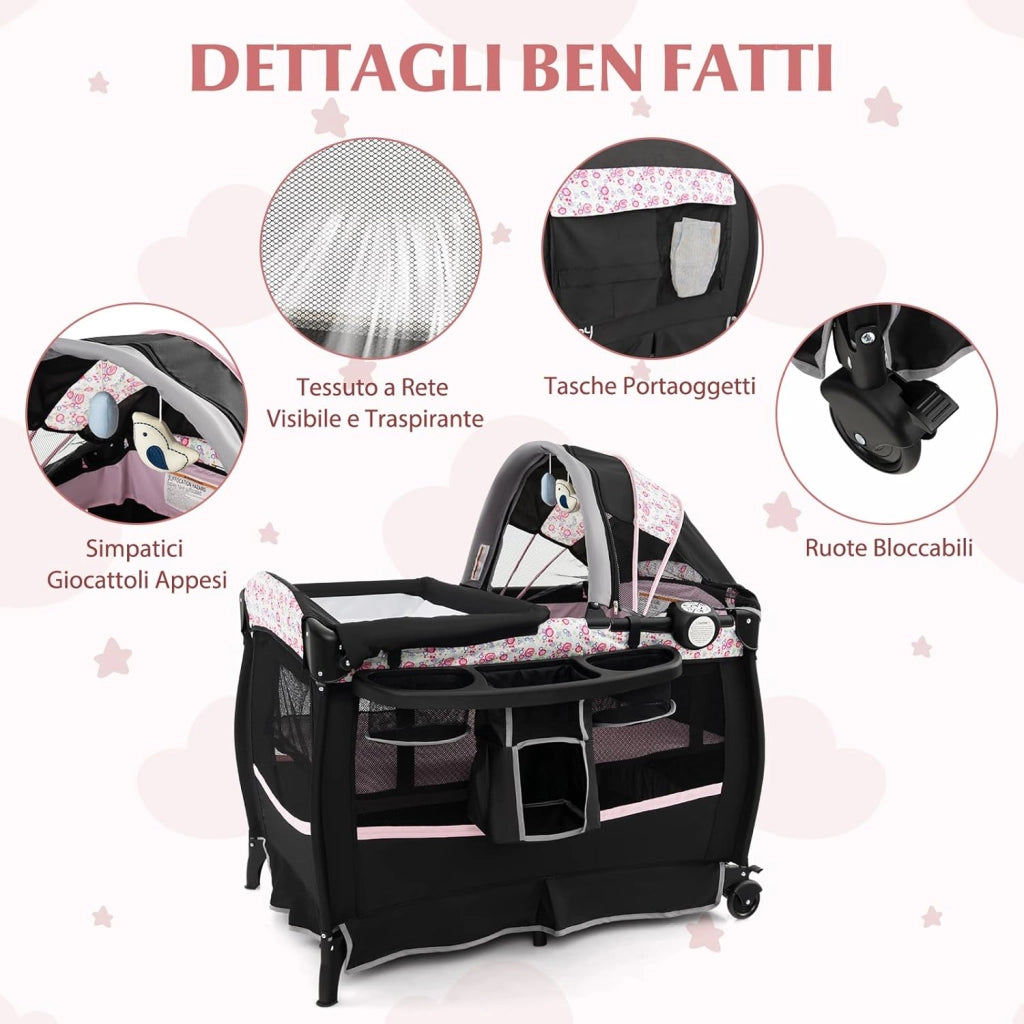 4 in 1 Lettino da Campeggio con Fasciatoio, Lettino Pieghevole per Bambini con Materasso, Centro Neonati con Culla, Box Musicale, Cappottina Regolabile, Borsa da Viaggio (Fiore Grande)