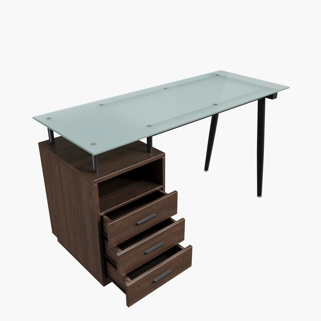 Scrivania moderna 130x50x75 cm con piano in vetro temperato, 3 cassetti e vano aperto, marrone