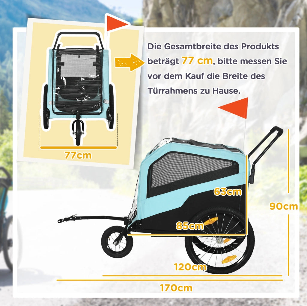 Rimorchio per bici per cani 2 in 1 170x77x90 cm acciaio blu， passeggino e sicurezza