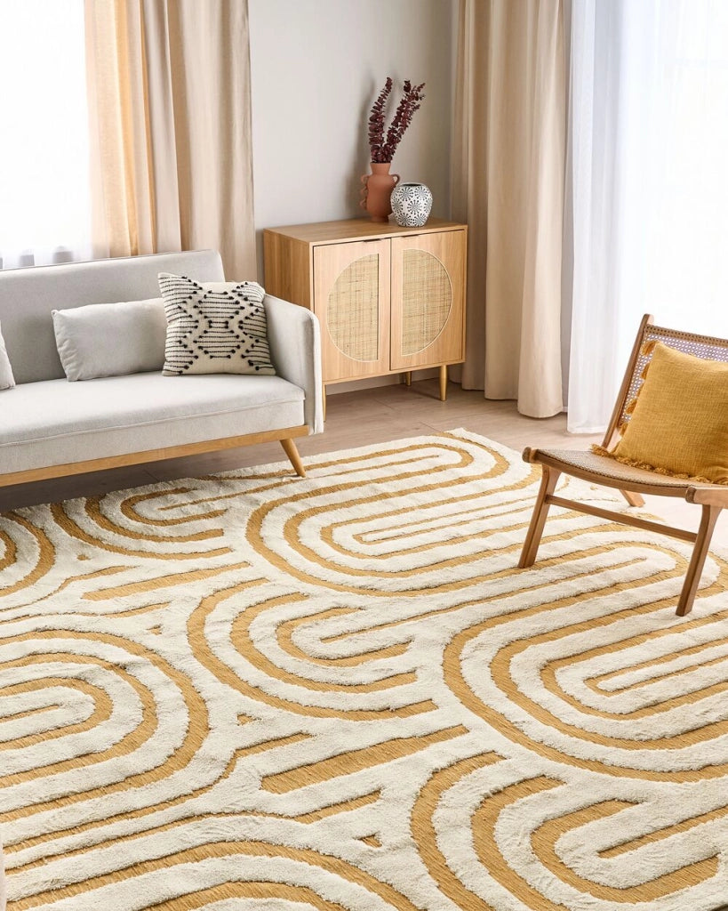 Tappeto moderno in cotone con motivo astratto pelo basso bianco sporco e giallo 300 x 400 cm soggiorno camera da letto
