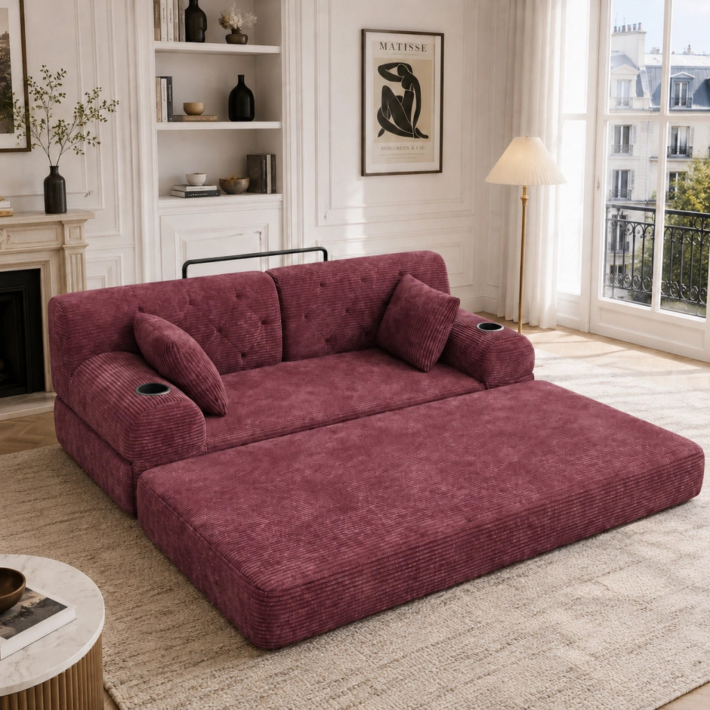 Divano letto compatto in corduroy con schienale alto, tasche laterali, portabicchieri e struttura in metallo