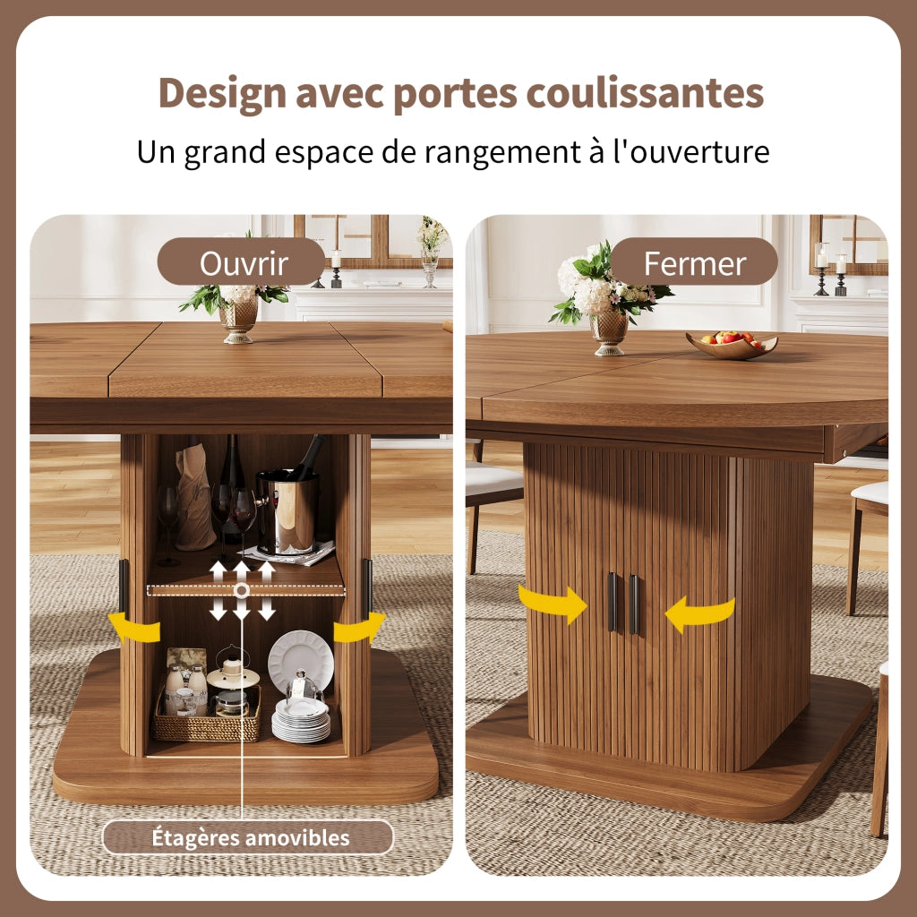 Tavolo da pranzo ovale estensibile con contenitore; ante scorrevoli e ripiano rimovibile