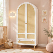 Armadio con asta appendiabiti; cassetto e chiusura soft close; MDF bianco e rattan 80 × 50 × 180 cm