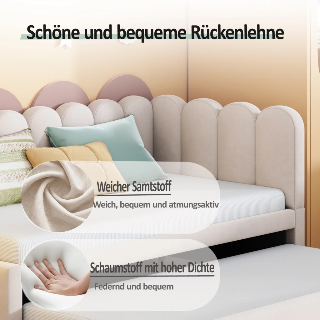 Letto estraibile 90 × 200 cm con letto supplementare, testiera e schienale imbottiti, senza materasso, beige