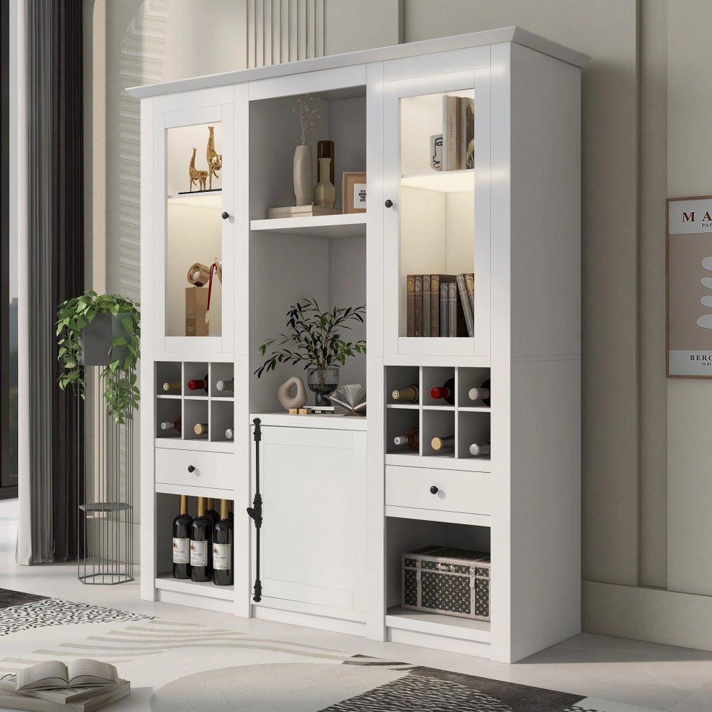Vetrina con 2 ante, 2 cassetti e 6 vani, per soggiorno, con LED a 16 colori, in MDF e acrilico, bianca, 143 × 45,5 × 170 cm